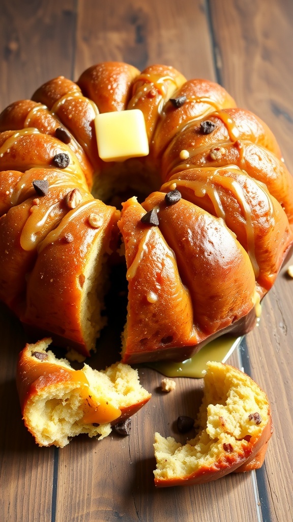 A golden-brown monkey bread with cinnamon sugar, nuts, and chocolate chips, served on a rustic wooden table.